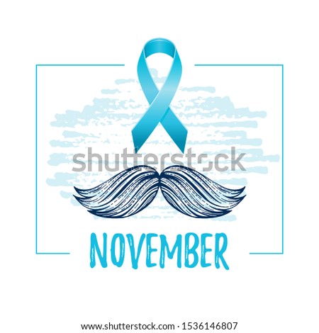 Prostate cancer awareness ribbon with moustaches. Men health symbol. Men cancer prevention in November month. Blue color concept. Engraved, 3d cartoon vector illustration isolated on white background