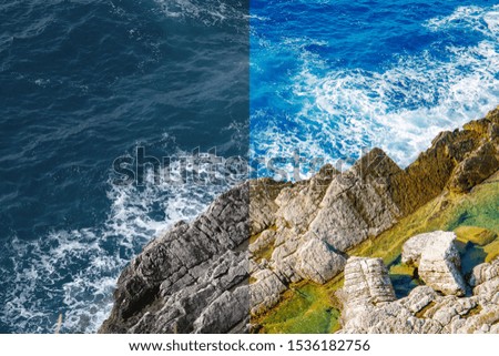 Photo before and after the image editing process. Coastline sea rocks with clear blue water