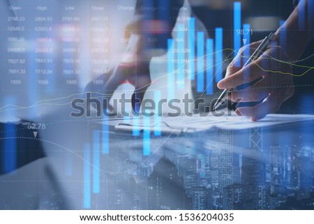 Stock market report, business finance technology and investment concept. Abstract finance background, businessman analysing forex trading graph, financial data, market summary, city double exposure Royalty-Free Stock Photo #1536204035