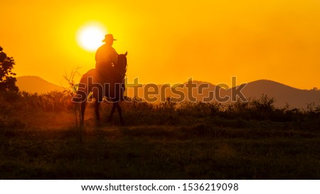 A lonely Cowboy riding horse  at sunset.