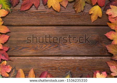 Flat lay with autumn leaves border frame on rustic dark wooden background. Seasonal bright warm decoration top view.