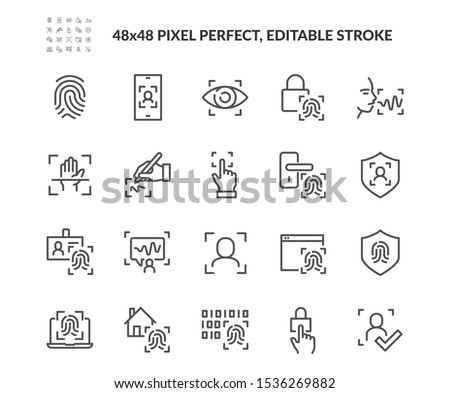 Simple Set of Biometric Related Vector Line Icons. Contains such Icons as Voice Recognition, Fingerprint, Door Lock and more. Editable Stroke. 48x48 Pixel Perfect. Royalty-Free Stock Photo #1536269882