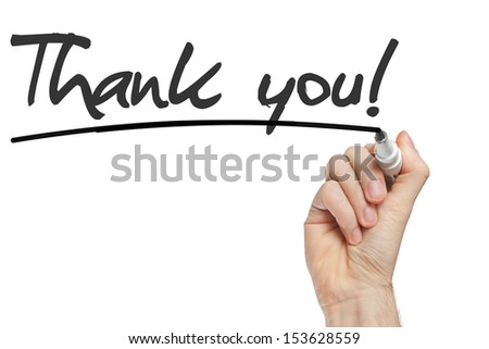 Hand writing Thank You with black marker on transparent wipe board. Royalty-Free Stock Photo #153628559