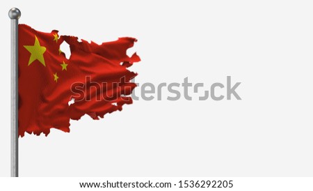 China 3D tattered waving flag illustration on Flagpole. Isolated on white background with space on the right side. Depth of Field effect.