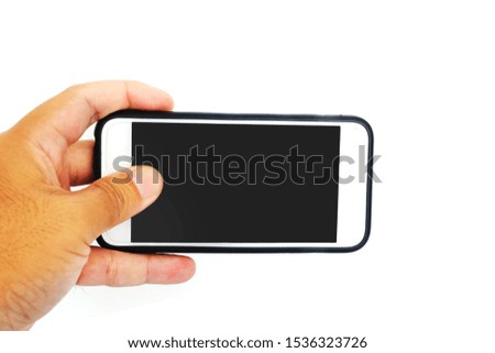 Smartphone in male hands taking photo on white blackground.