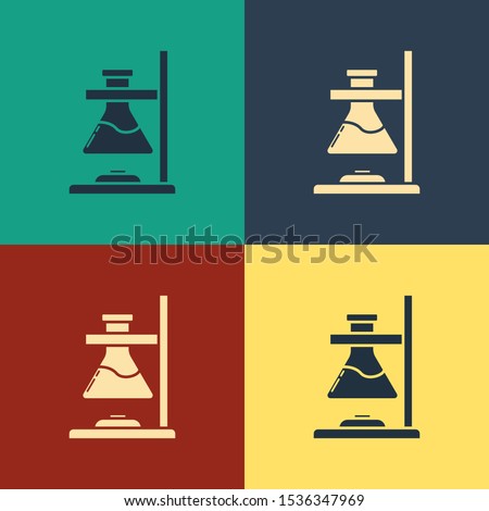 Color Glass test tube flask on fire heater experiment icon isolated on color background. Laboratory equipment. Vintage style drawing. Vector Illustration