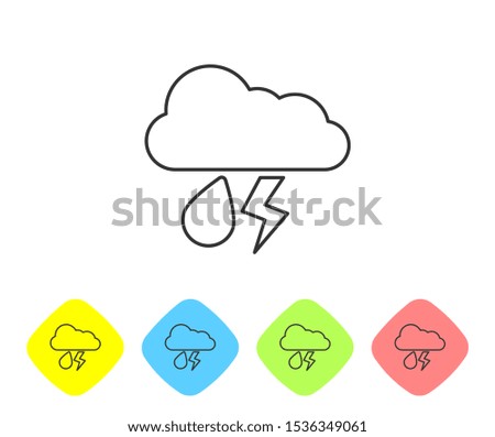 Grey line Cloud with rain and lightning icon isolated on white background. Rain cloud precipitation with rain drops.Weather icon of storm. Set icons in color rhombus buttons. Vector Illustration