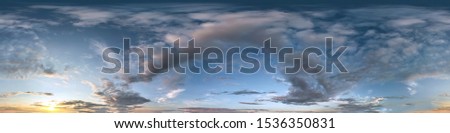 Seamless dark sky after sunset hdri panorama 360 degrees angle view with beautiful clouds  with zenith for use in 3d graphics or game as sky dome or edit drone shot
