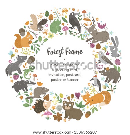 Vector round frame with animals and forest elements on black background. Natural themed banner. Cute funny woodland card template