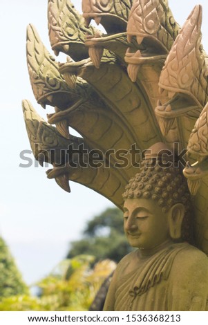 Buddha statue with the heads of snakes behind him. Buddha sculpture and seven serpentine heads in the open air against a background of green vegetation.