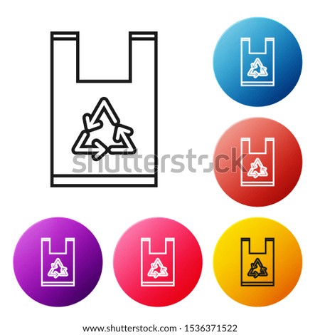 Black line Plastic bag with recycle icon isolated on white background. Bag with recycling symbol. Set icons colorful circle buttons. Vector Illustration