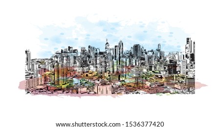 Building view with landmark of Panama is a country on the isthmus linking Central and South America. Watercolor splash with Hand drawn sketch illustration in vector.