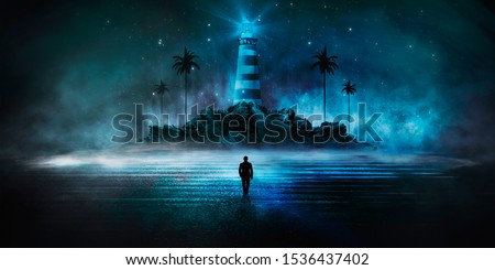 Abstract, futuristic background, lighthouse on the mountain. Night sea view, water reflection of light. Illuminations. Dark seascape, abstract scene, neon rays, palm trees.