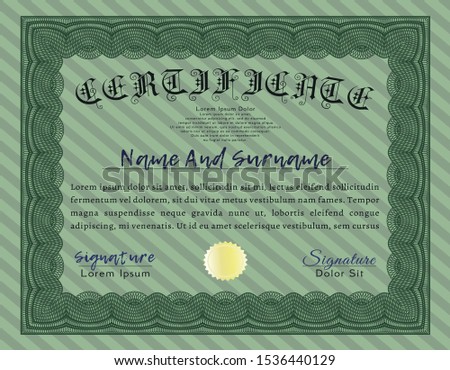Green Classic Certificate template. Vector illustration. With guilloche pattern. Money design. 
