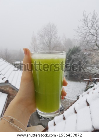 Front wiew of a nice green smoothie, held in the window with winter landscape in the background. 