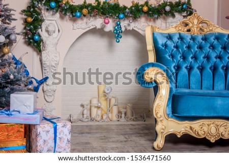 New Year's decor of a living room. Christmas. Holiday room decorations.
