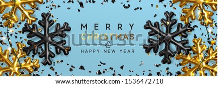 Merry Christmas and Happy New Year Banner. gold and black snowflake volumetric, golden and dark confetti, tinsel, realistic Xmas lights of garlands. Festive composition decoration 3d render objects