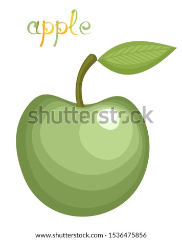 Illustration of big fresh green apple with leaf. Clip art with title. Isolated on white.