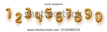 Golden Number Balloons 0 to 9. Foil and latex balloons. Helium ballons. Party, birthday, celebrate anniversary and wedding. Realistic design elements. Festive set isolated. vector illustration Royalty-Free Stock Photo #1536488258