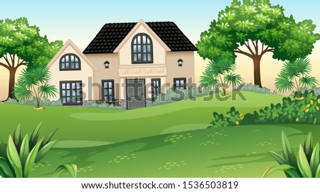 House and garden in nature setting illustration