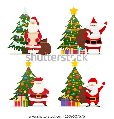 Collection cartoon funny characters Santa Claus with Christmas trees and gifts. Good for xmas postcard, banner, advertisement, flayer. Vector illustration isolated on white background.