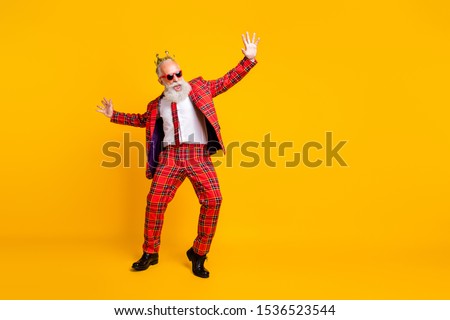 Full length body size view of his he nice handsome attractive cheerful cheery funky gray-haired man dancing having fun chill out isolated over bright vivid shine vibrant yellow color background