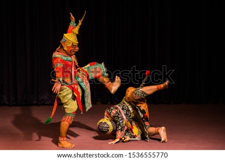 Ramayana story masterpiece of traditional Thai style. Hanuman, Khon is art culture Thailand Dancing in mask