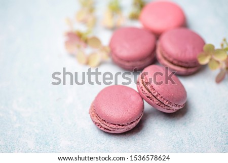 pink macaroons on a blue background with flowers and greenery