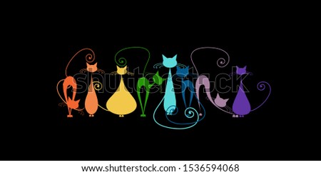 Funny cats family, black silhouette. Vector illustration