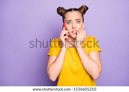 Photo of pretty lady holding telephone speaking school teacher listening scolding about skipping classes wear yellow t-shirt isolated on pastel purple background