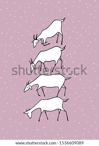 Vector illustration of hand drawn white goats herd grazing on a meadow. Vertical layout, cute animal characters, tender colors.