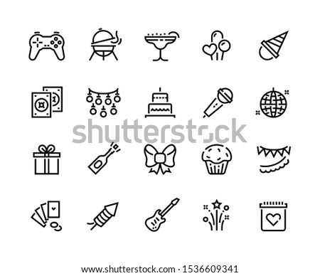 Party line icons. Birthday celebration with gift balloons BBQ music and fireworks, celebration with food and cocktails. Vector set thin signs illustration happy event with entertainment