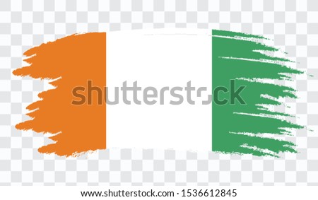 Grunge brush stroke with IVORY COAST national flag. Watercolor painting flag,poster, banner of the national flag. Style watercolor drawing. Vector isolated on transparent background.