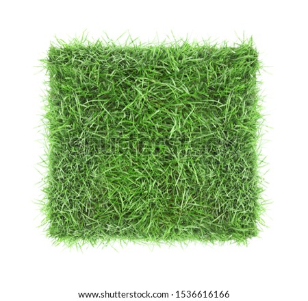 Square piece of green grass field isolated on white top view.