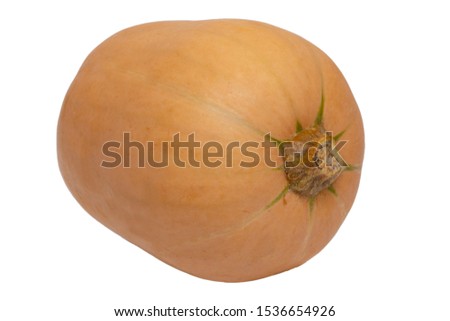 Pumpkin isolated. Close-up of a yellow Howden pumpkin isolated on a white background. Healthy nutrition. Macro.