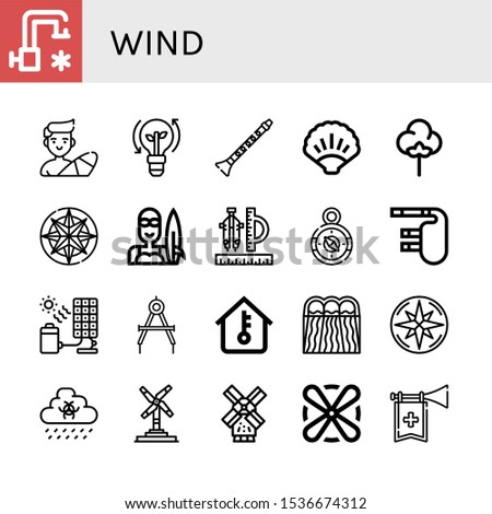 wind icon set. Collection of Cold water, Surfer, Clean energy, Clarinet, Ocean, Textile, Compass, Bagpipes, Solar cell, Temperature, Hydro power, Rain, Wind turbine, Windmill icons
