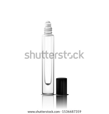 Clear Glass Roll On Bottle with Black Cap. Cosmetic Packaging Mockup. Mockup Bottle. Isolated on White Background