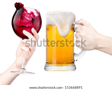celebrate the holiday background - hands with wine and beer making toast