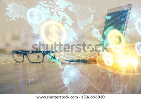 Forex Chart hologram on table with computer background. Double exposure. Concept of financial markets.