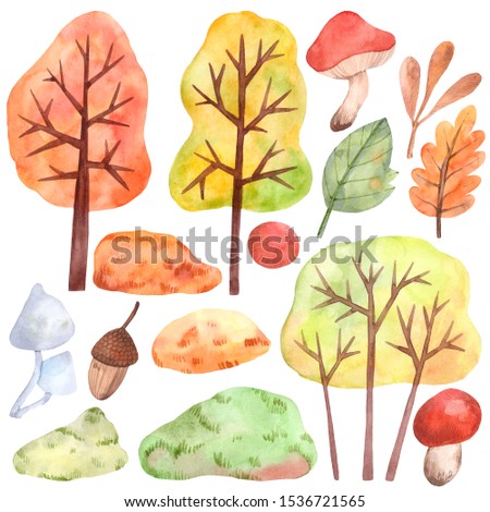 Watercolor trees, bush and land for creating and designing. Designer