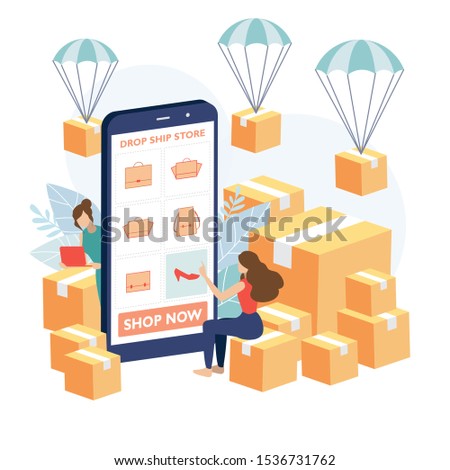 Young girl order product from the dropship store. Drop shipper order to the supplier to deliver the product to her client. Vector illustration flat design style. Royalty-Free Stock Photo #1536731762