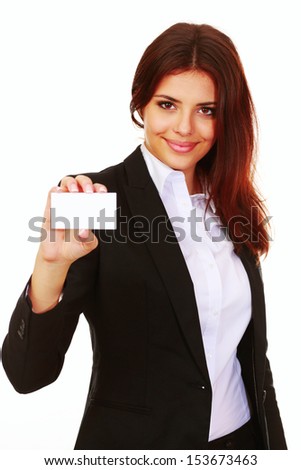 Happy beautiful businesswoman holding a blank card