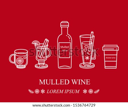 Mulled wine vector linear icon on red background. Gluhwein. Bartender equipment linear logo. Outline symbol for cafe, bar, shop, Christmas market.
