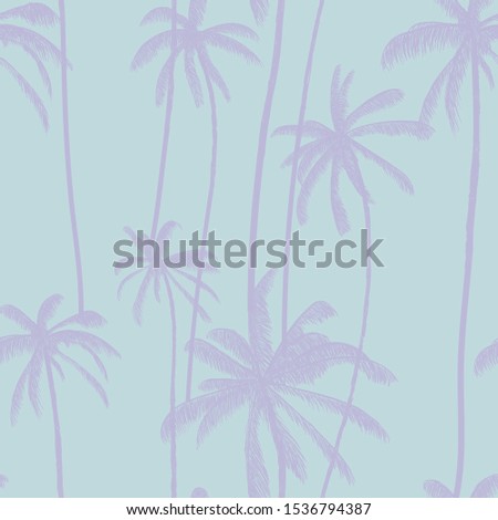 Palm tree, tropical coconuts seamless pattern  in blue colour. Summer hand drawn floral print. Swimwear colored design. Vector illustration.