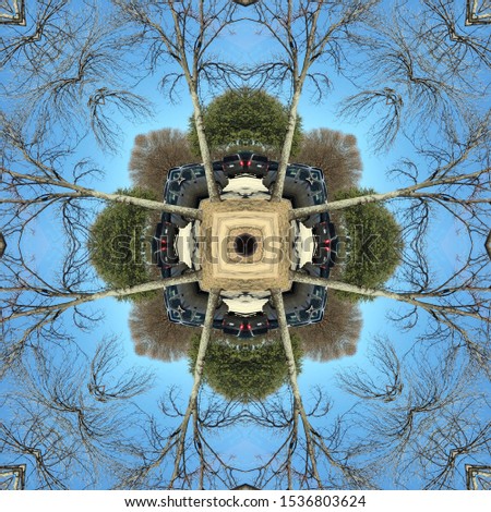 kaleidoscopic trees and parking lot with surreal tiny plant effect