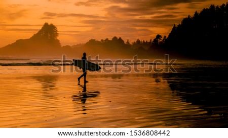 Tofino Vancouver Island, sunset at cox bay with surfers by the ocean during fall season Canada