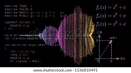 Mandelbrot set fractal graphical visualization made of particles with piece of code. Cyberpunk futuristic style vector illustration. Royalty-Free Stock Photo #1536810491