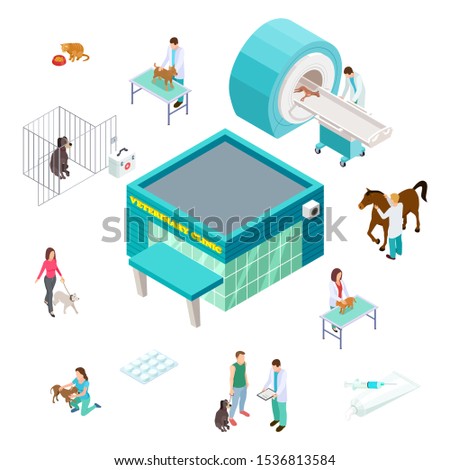 Pet care concept. Isometric veterinary clinic isolated on white background. Veterinarian volunteer pet owners, medicine clinic