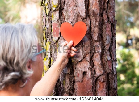 Adult woman hand in the woods puts a heart shape on the trunk to tell us that every tree has a heart. Earth day concept. Together save the planet from deforestation