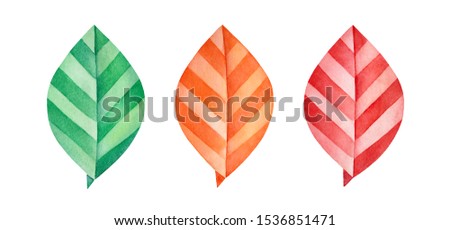 Multicolored leaves illustration set. Handdrawn watercolour artistic paint on white background, cut out elements for creative design, seasonal card, template, stickers, scrapbooking, web site header.